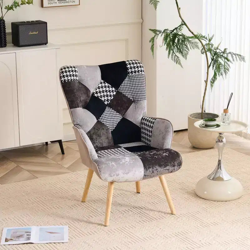 Fauteuil d'appoint rembourré patchwork, fauteuil de salon avec dossier ailé et accoudoir