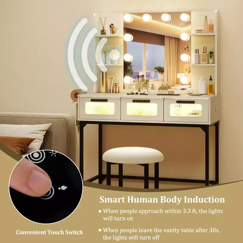 Coiffeuse avec miroir Hollywood et éclairage LED 3 couleurs à induction