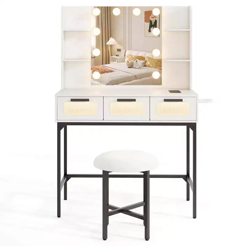 Coiffeuse avec miroir Hollywood et éclairage LED 3 couleurs à induction