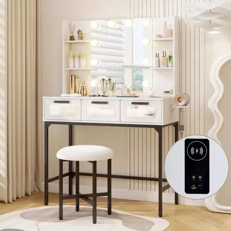 Coiffeuse avec miroir Hollywood et éclairage LED 3 couleurs à induction