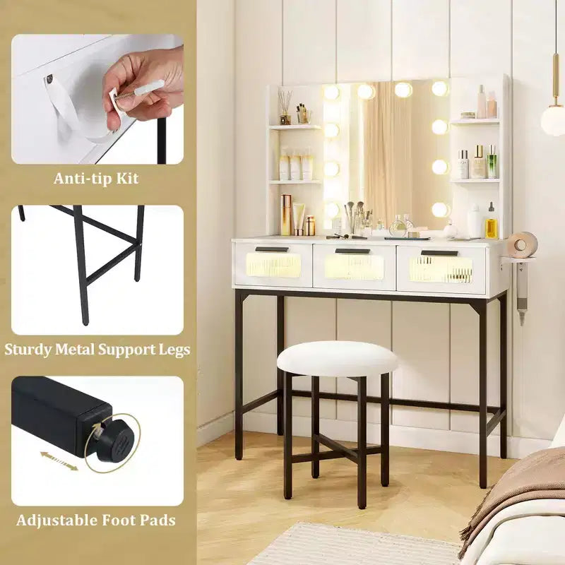 Coiffeuse avec miroir Hollywood et éclairage LED 3 couleurs à induction
