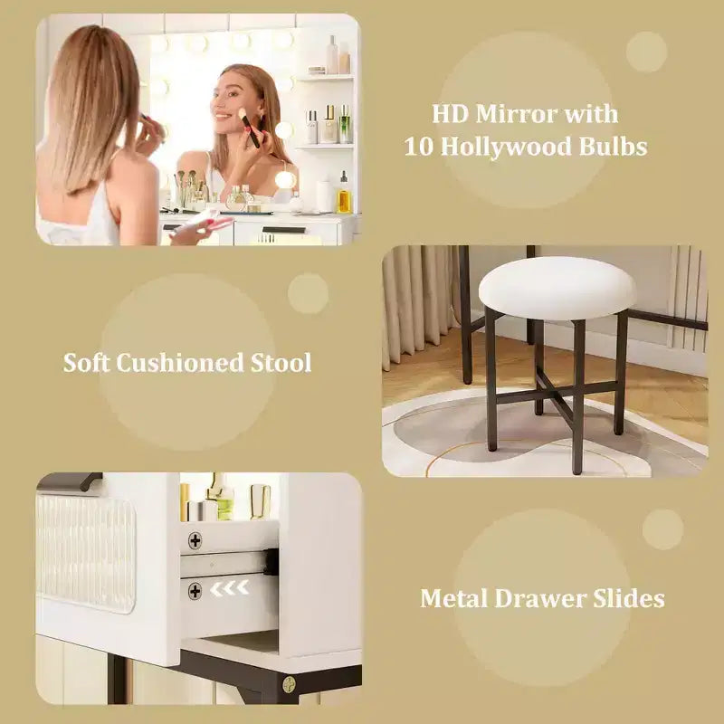 Coiffeuse avec miroir Hollywood et éclairage LED 3 couleurs à induction