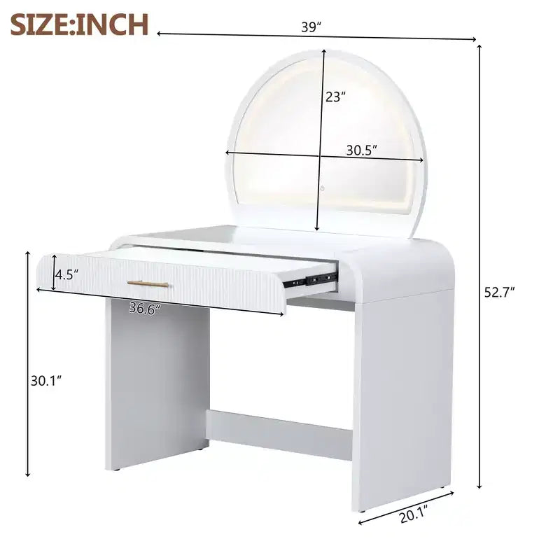 Table de toilette 40 W avec miroir lumineux à écran tactile et grand tiroir, blanche
