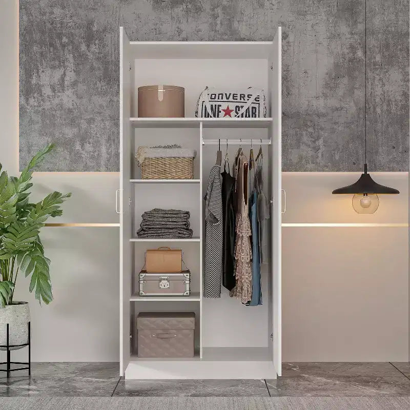 Armoire double-porte blanche minimaliste avec penderie et rangements organisés