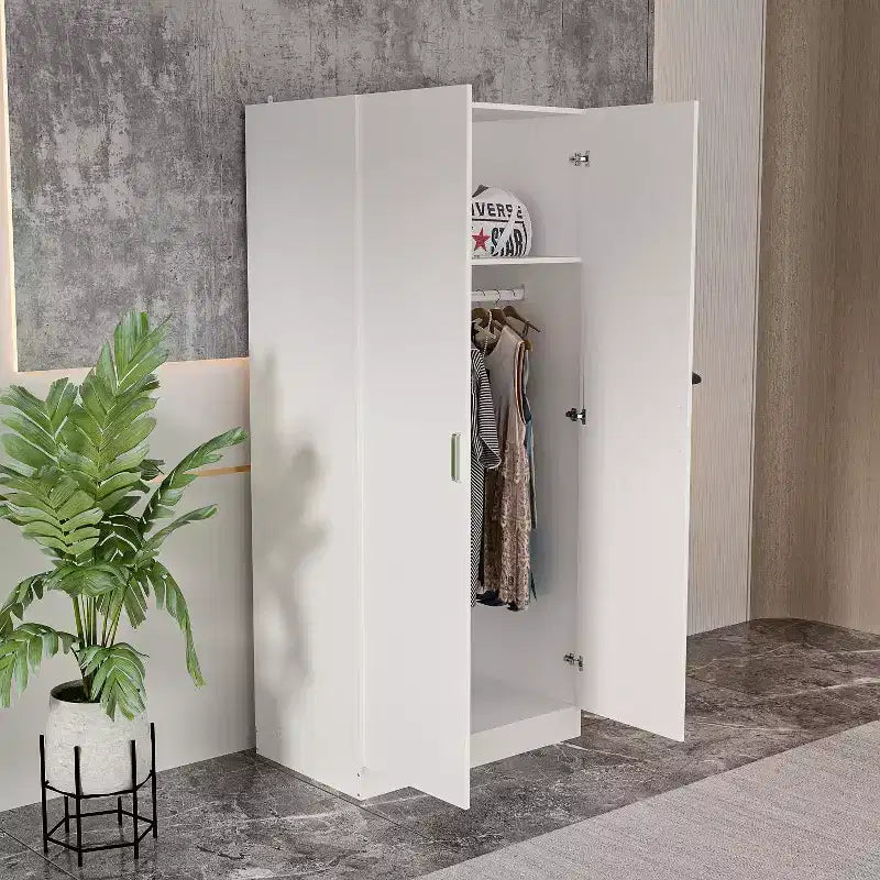 Armoire double-porte blanche minimaliste avec penderie et rangements organisés
