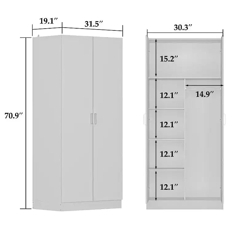 Armoire double-porte blanche minimaliste avec penderie et rangements organisés