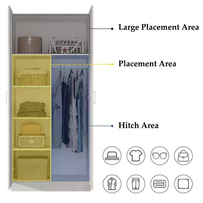 Armoire double-porte blanche minimaliste avec penderie et rangements organisés
