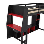 Lit mezzanine gamer pour matelas double/grand avec bureau, lumières LED, étagères multi-rangements et tringle à vêtements, cadre de lit en bois peu encombrant