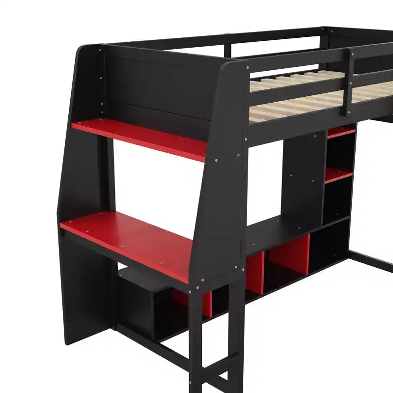 Lit mezzanine gamer pour matelas double/grand avec bureau, lumières LED, étagères multi-rangements et tringle à vêtements, cadre de lit en bois peu encombrant