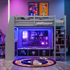 Lit mezzanine gamer pour matelas double/grand avec bureau, lumières LED, étagères multi-rangements et tringle à vêtements, cadre de lit en bois peu encombrant