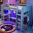 Lit mezzanine gamer pour matelas double/grand avec bureau, lumières LED, étagères multi-rangements et tringle à vêtements, cadre de lit en bois peu encombrant