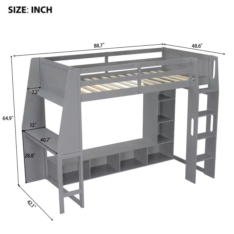 Lit mezzanine gamer pour matelas double/grand avec bureau, lumières LED, étagères multi-rangements et tringle à vêtements, cadre de lit en bois peu encombrant