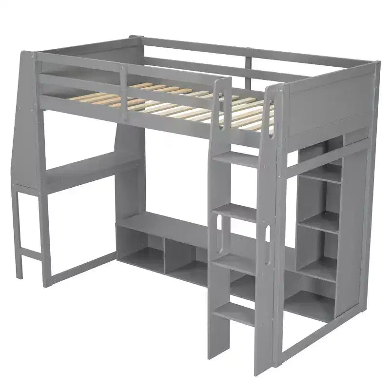 Lit mezzanine gamer pour matelas double/grand avec bureau, lumières LED, étagères multi-rangements et tringle à vêtements, cadre de lit en bois peu encombrant