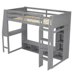 Lit mezzanine gamer pour matelas double/grand avec bureau, lumières LED, étagères multi-rangements et tringle à vêtements, cadre de lit en bois peu encombrant