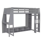Lit mezzanine gamer pour matelas double/grand avec bureau, lumières LED, étagères multi-rangements et tringle à vêtements, cadre de lit en bois peu encombrant