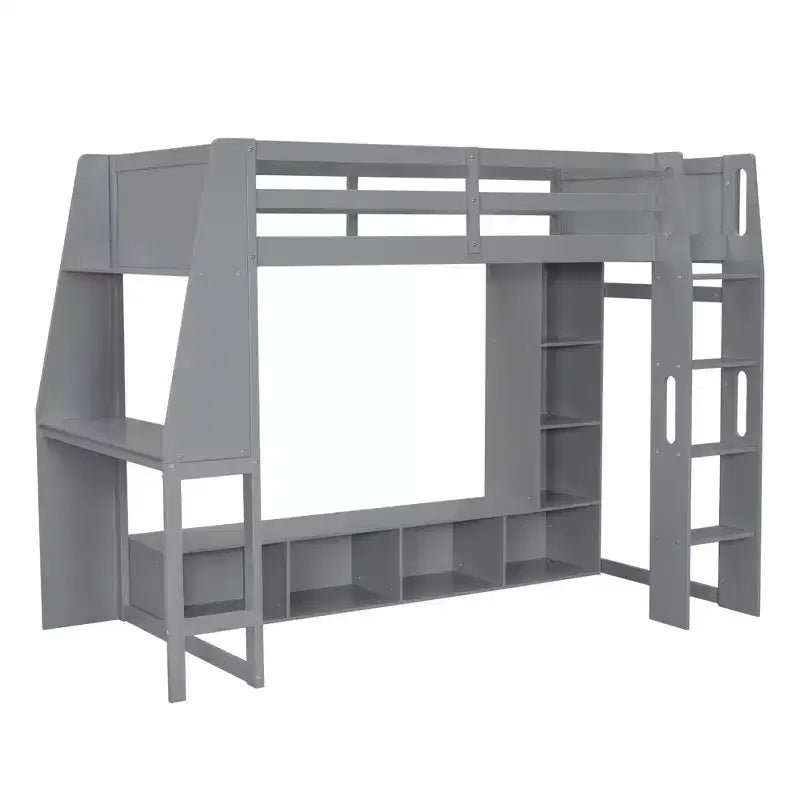 Lit mezzanine gamer pour matelas double/grand avec bureau, lumières LED, étagères multi-rangements et tringle à vêtements, cadre de lit en bois peu encombrant
