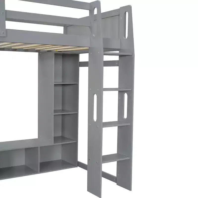 Lit mezzanine gamer pour matelas double/grand avec bureau, lumières LED, étagères multi-rangements et tringle à vêtements, cadre de lit en bois peu encombrant