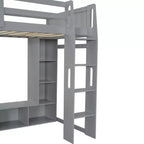 Lit mezzanine gamer pour matelas double/grand avec bureau, lumières LED, étagères multi-rangements et tringle à vêtements, cadre de lit en bois peu encombrant