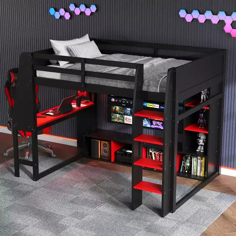 Lit mezzanine gamer pour matelas double/grand avec bureau, lumières LED, étagères multi-rangements et tringle à vêtements, cadre de lit en bois peu encombrant