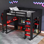 Lit mezzanine gamer pour matelas double/grand avec bureau, lumières LED, étagères multi-rangements et tringle à vêtements, cadre de lit en bois peu encombrant