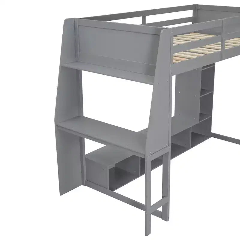 Lit mezzanine gamer pour matelas double/grand avec bureau, lumières LED, étagères multi-rangements et tringle à vêtements, cadre de lit en bois peu encombrant