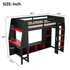 Lit mezzanine gamer pour matelas double/grand avec bureau, lumières LED, étagères multi-rangements et tringle à vêtements, cadre de lit en bois peu encombrant