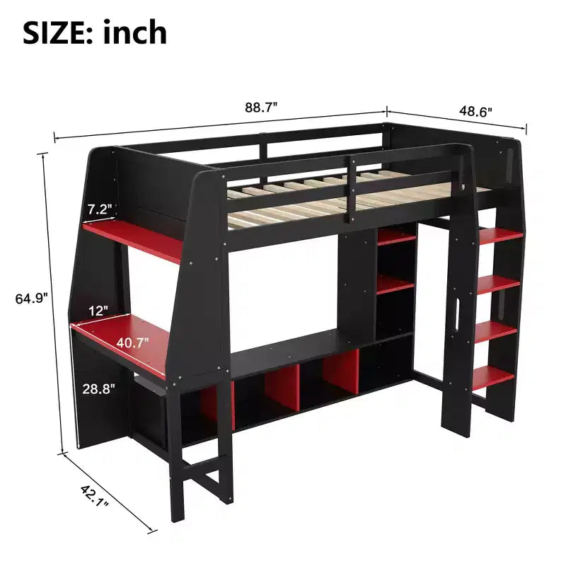 Lit mezzanine gamer pour matelas double/grand avec bureau, lumières LED, étagères multi-rangements et tringle à vêtements, cadre de lit en bois peu encombrant