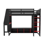 Lit mezzanine gamer pour matelas double/grand avec bureau, lumières LED, étagères multi-rangements et tringle à vêtements, cadre de lit en bois peu encombrant