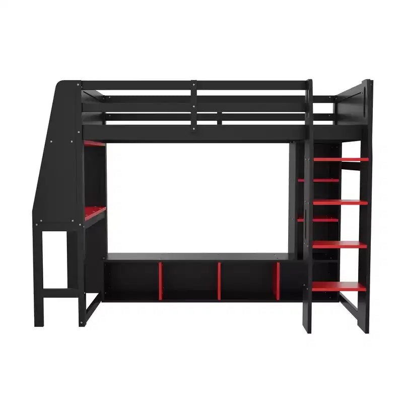 Lit mezzanine gamer pour matelas double/grand avec bureau, lumières LED, étagères multi-rangements et tringle à vêtements, cadre de lit en bois peu encombrant