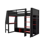 Lit mezzanine gamer pour matelas double/grand avec bureau, lumières LED, étagères multi-rangements et tringle à vêtements, cadre de lit en bois peu encombrant