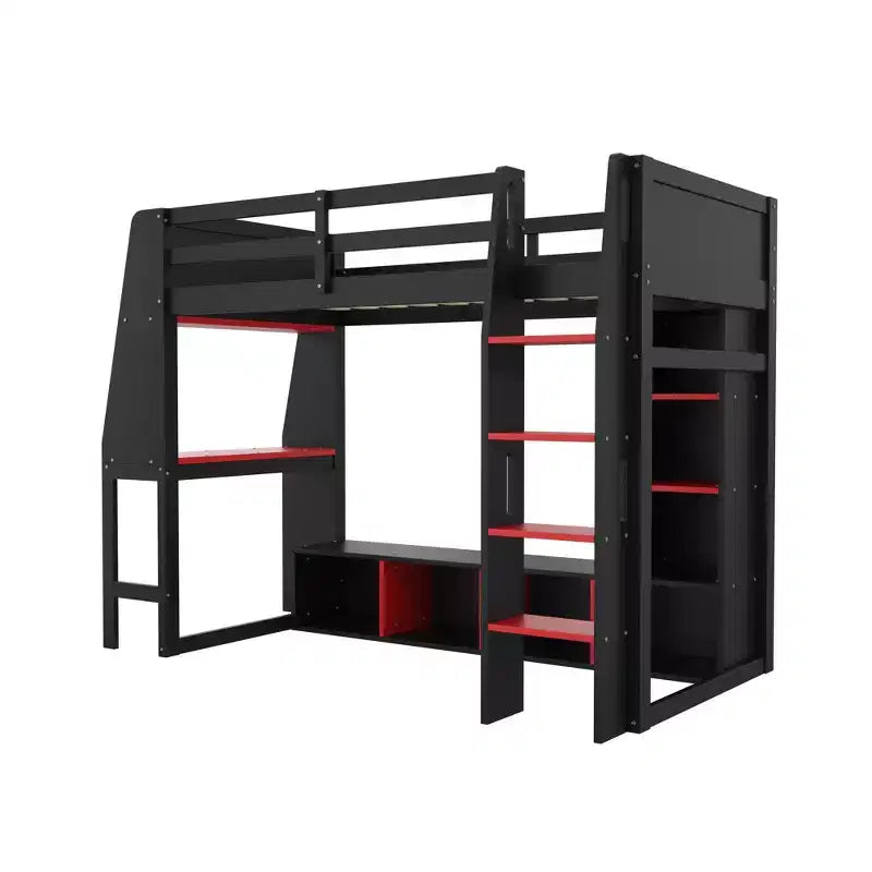 Lit mezzanine gamer pour matelas double/grand avec bureau, lumières LED, étagères multi-rangements et tringle à vêtements, cadre de lit en bois peu encombrant