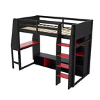 Lit mezzanine gamer pour matelas double/grand avec bureau, lumières LED, étagères multi-rangements et tringle à vêtements, cadre de lit en bois peu encombrant