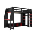 Lit mezzanine gamer pour matelas double/grand avec bureau, lumières LED, étagères multi-rangements et tringle à vêtements, cadre de lit en bois peu encombrant