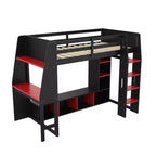 Lit mezzanine gamer pour matelas double/grand avec bureau, lumières LED, étagères multi-rangements et tringle à vêtements, cadre de lit en bois peu encombrant