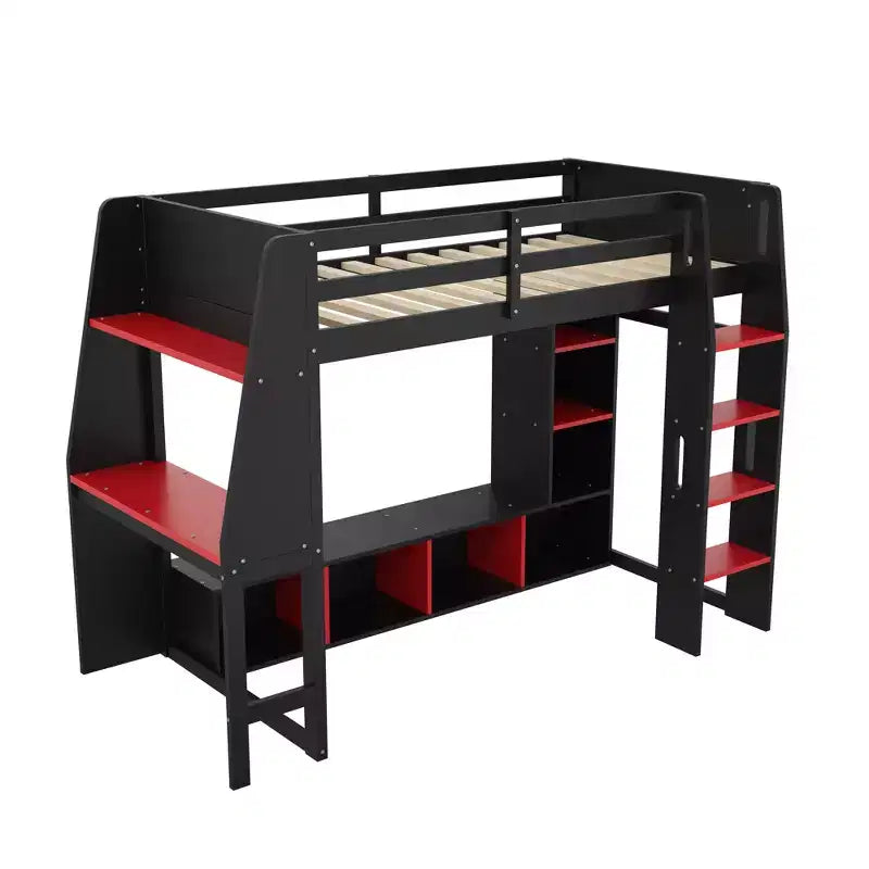 Lit mezzanine gamer pour matelas double/grand avec bureau, lumières LED, étagères multi-rangements et tringle à vêtements, cadre de lit en bois peu encombrant