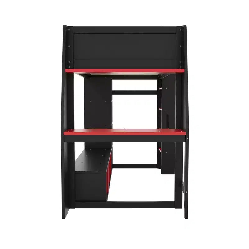 Lit mezzanine gamer pour matelas double/grand avec bureau, lumières LED, étagères multi-rangements et tringle à vêtements, cadre de lit en bois peu encombrant