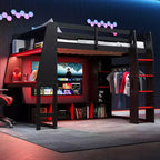 Twin/Full Size Gaming Loft Bed with Desk, LED Lights, Multi-Storage Shelves & Hanging Clothes Rack, Space-Saving Wooden Bed Frame - ModernLuxe