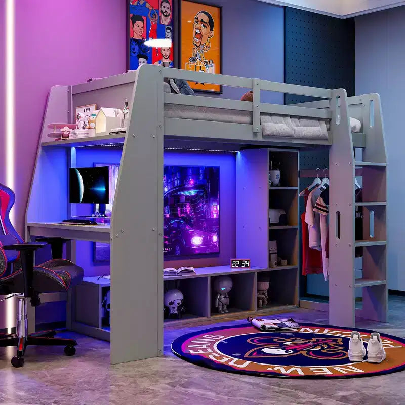 Lit mezzanine gamer pour matelas double/grand avec bureau, lumières LED, étagères multi-rangements et tringle à vêtements, cadre de lit en bois peu encombrant