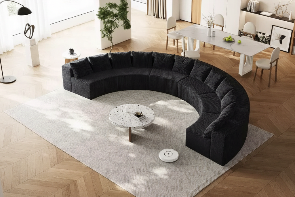 Corduroy curved sectional Foam sofa with 12 pillows,Curved Symmetrical Modular Semi Circular Sofa (six modules)