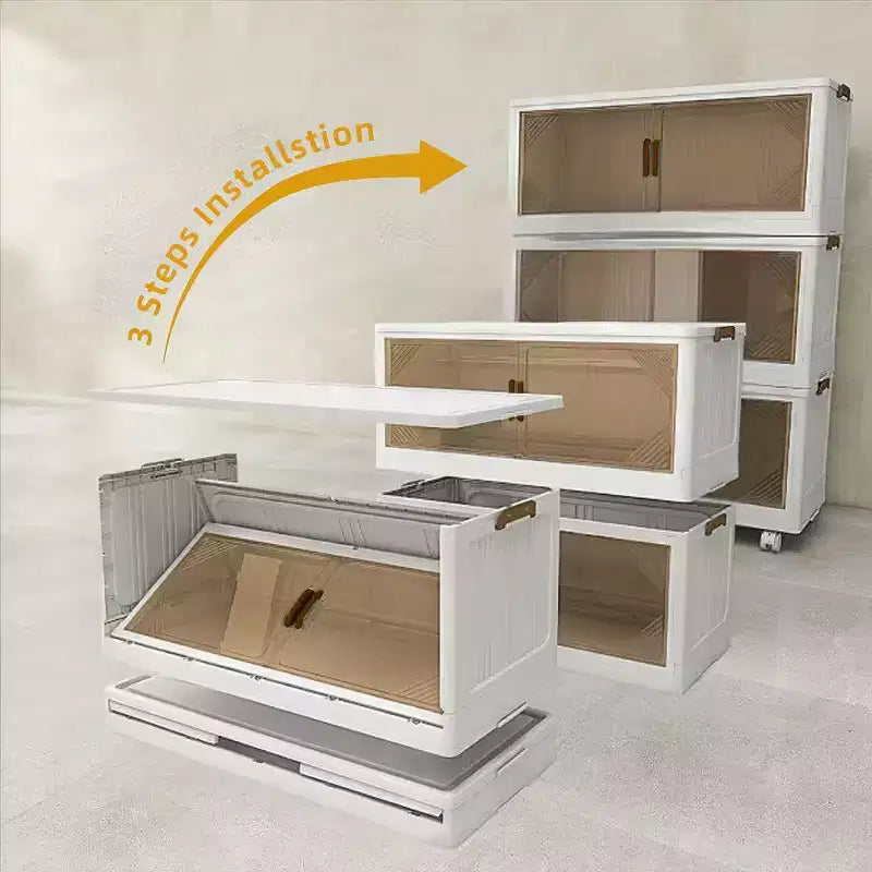 Boîte de rangement pliable avec porte transparente de 25,6 pouces de large, organisateur grande capacité à 4 niveaux, accès facile, conception pliable peu encombrante
