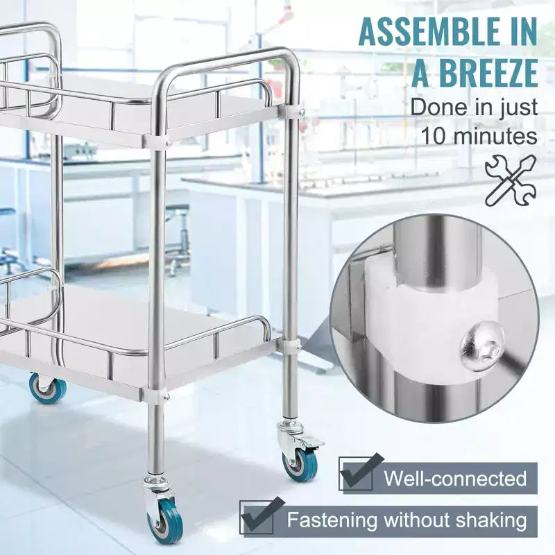 Chariot de laboratoire roulant, chariot roulant en acier inoxydable à 2 étagères, chariot de service de laboratoire avec roulettes pivotantes, chariot utilitaire dentaire, 15,16x21,57x34,06