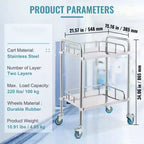 Chariot de laboratoire roulant, chariot roulant en acier inoxydable à 2 étagères, chariot de service de laboratoire avec roulettes pivotantes, chariot utilitaire dentaire, 15,16x21,57x34,06