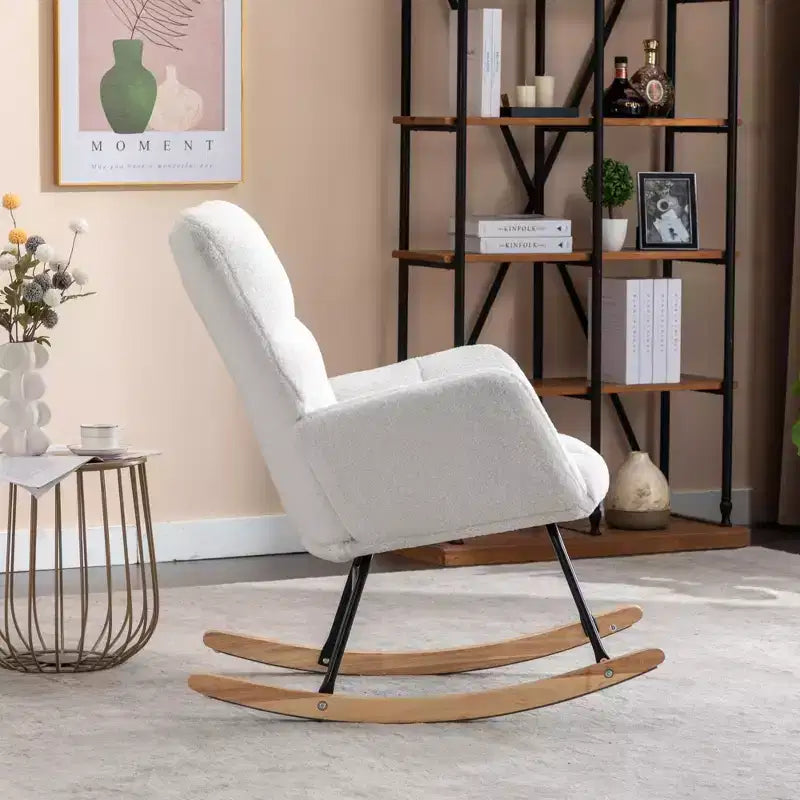 Fauteuil à bascule en tissu Teddy pour salon d'intérieur, ivoire