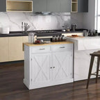 Okak Farmhouse Kitchen Cart with Rubberwood Drop Leaf, Kitchen Island with Drawers and Adjustable Shelves for Dining Room, White