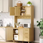 Freestanding Hutch with Drawers,Rattan Pantry Cabinet,Doors and Hooks for Living Room, Dining Room,