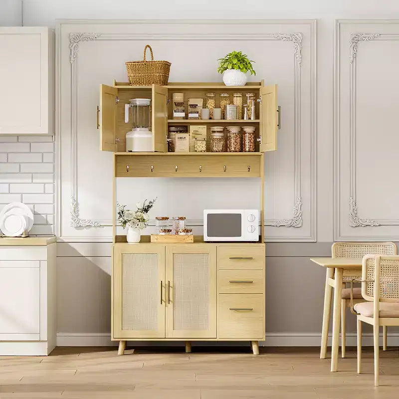 Buffet Rangement avec Tiroirs, Armoire de Cuisine en Rotin, Portes et Crochets pour Salon, Salle à Manger