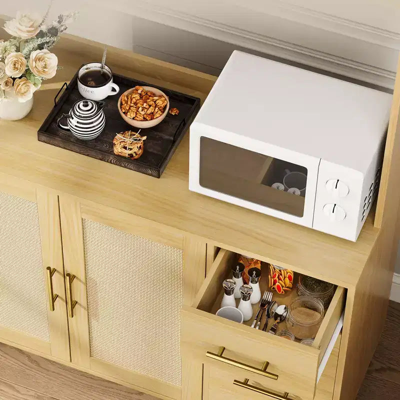 Buffet Rangement avec Tiroirs, Armoire de Cuisine en Rotin, Portes et Crochets pour Salon, Salle à Manger