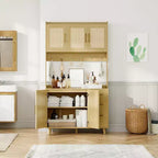 Buffet Rangement avec Tiroirs, Armoire de Cuisine en Rotin, Portes et Crochets pour Salon, Salle à Manger