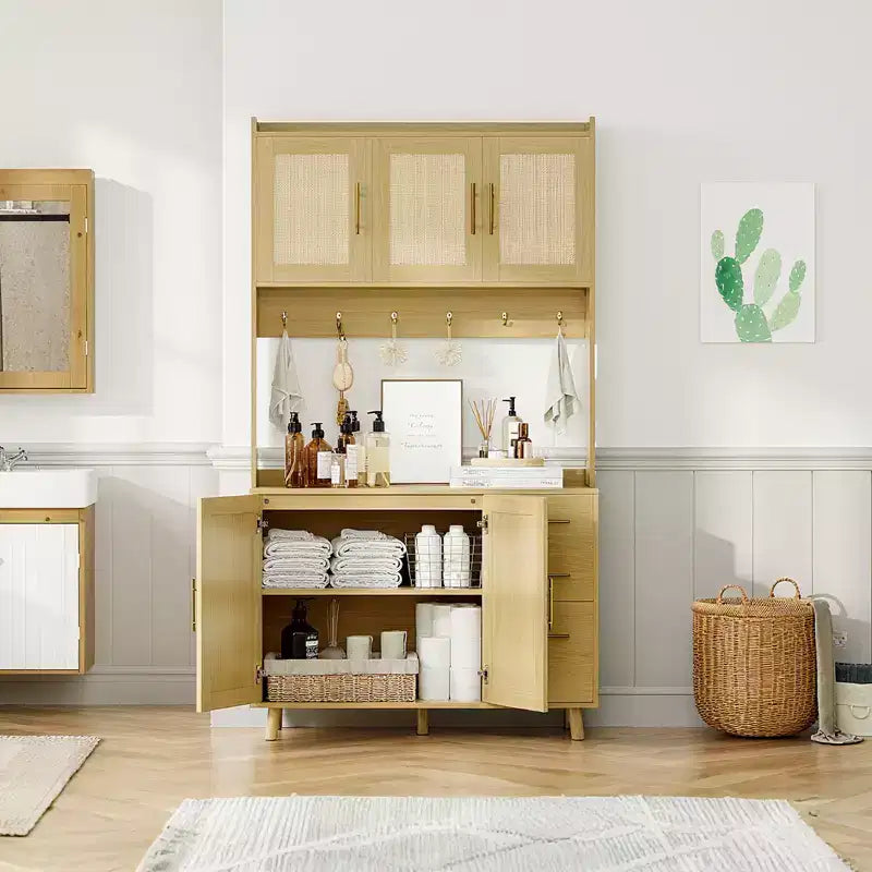 Buffet Rangement avec Tiroirs, Armoire de Cuisine en Rotin, Portes et Crochets pour Salon, Salle à Manger