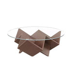 Table basse ronde en noyer de 35,4 po avec plateau en verre, piètement géométrique Art Déco et étagères de rangement